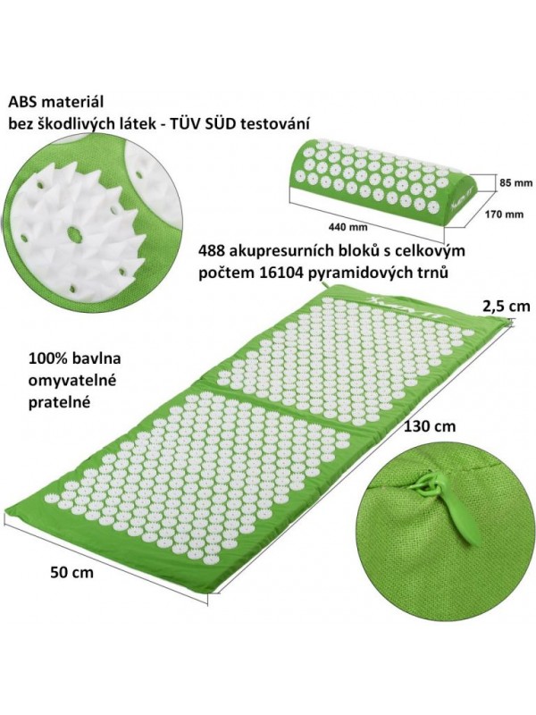 Akupresúrna podložka s vankúšom MOVIT 130 x 50 cm - zelená