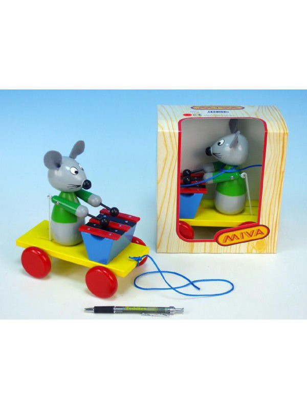 Myš s xylofonem dřevo tahací 20cm v krabičce