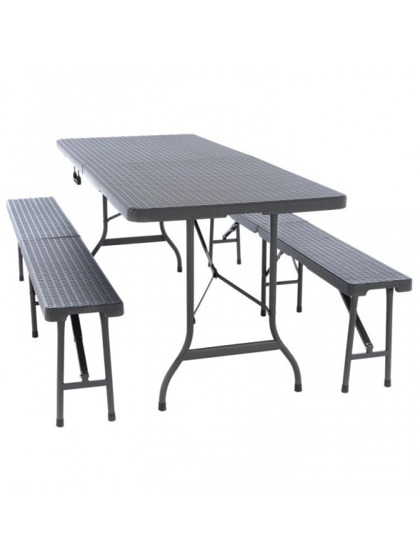 Záhradný set, 2 lavice a stôl v ratanovom dizajne - antracit