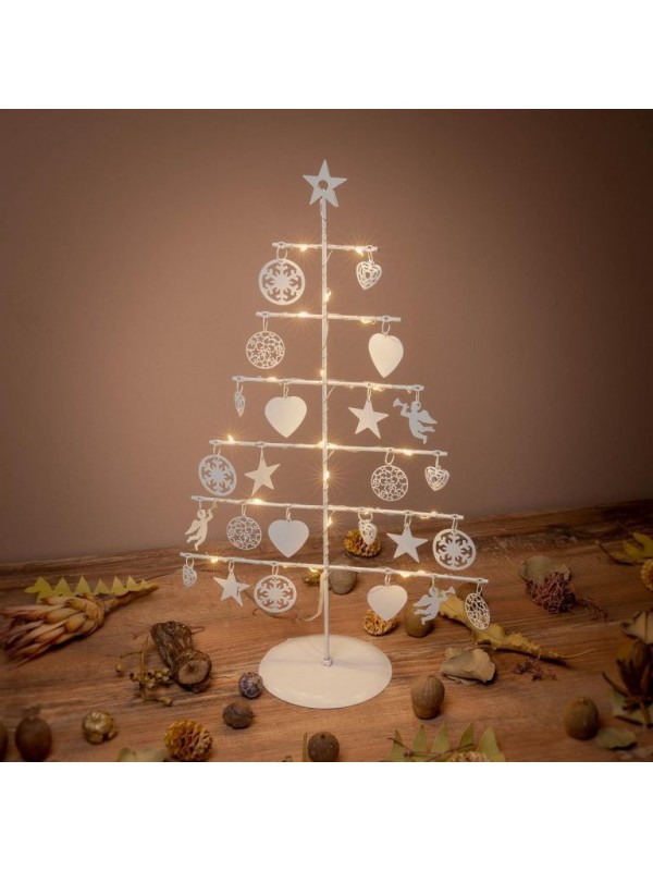Vianočný kovový dekoračný strom - biely, 25 LED, teple biela