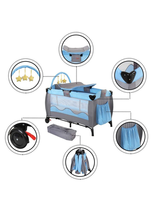 Cestovná postieľka s prebaľovacím pultom, modrá/sivá