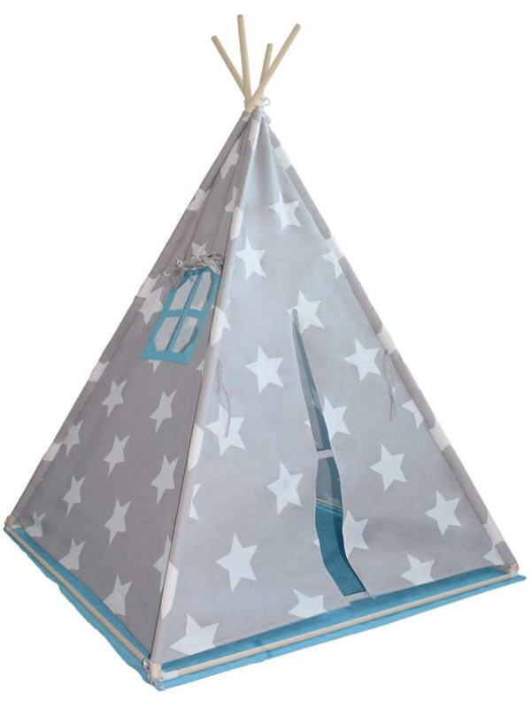 Detský stan teepee, sivo/modrý, s príslušenstvom