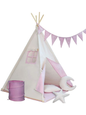 Detský stan teepee, ružovo/béžový, s príslušenstvom