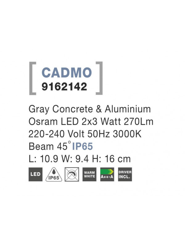 Svietidlo Nova Luce CADMO R WALL GREY 2 nástenné, IP 65