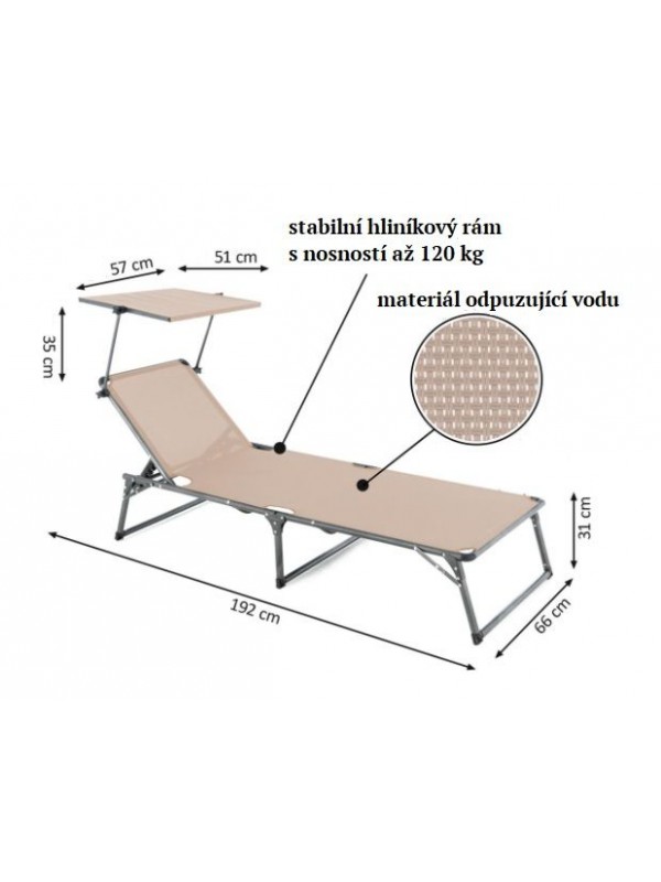 DIVERO skladacie ležadlo so strieškou, XXL, béžové