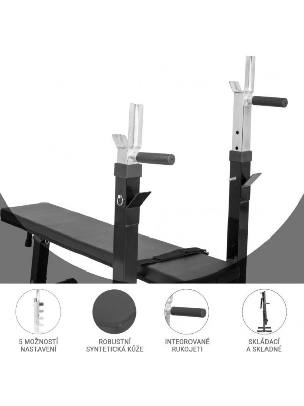 Nastaviteľná posilňovacia lavica s držiakom na činky, čierna