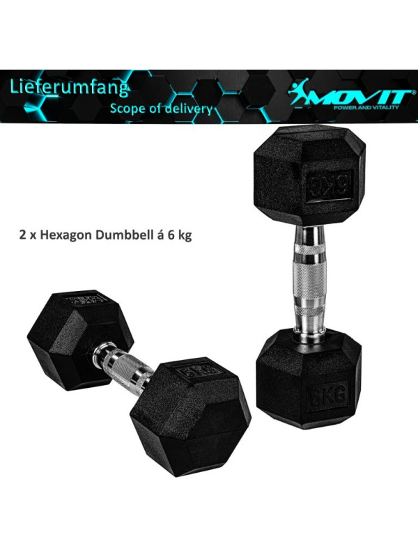 MOVIT® Šesťhranná gumová činka 6 kg, sada 2 kusov