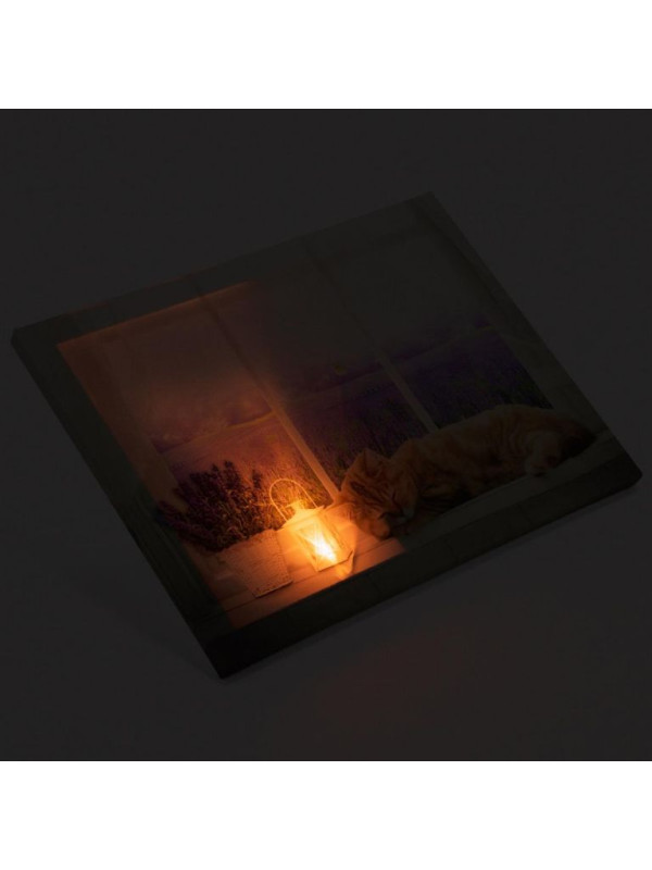 Nástenná maľba mačka na okne, 1 LED, 30 x 40 cm