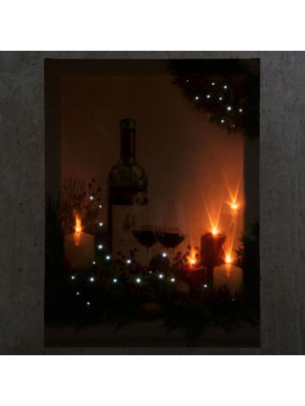 Nástenná maľba sviečky s vínom, 5 LED, 30 x 40 cm