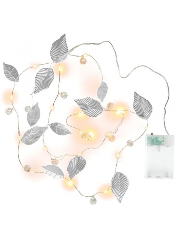 Osvetlenie perly a strieborné listy, 20 LED, tep. biela,2 ks