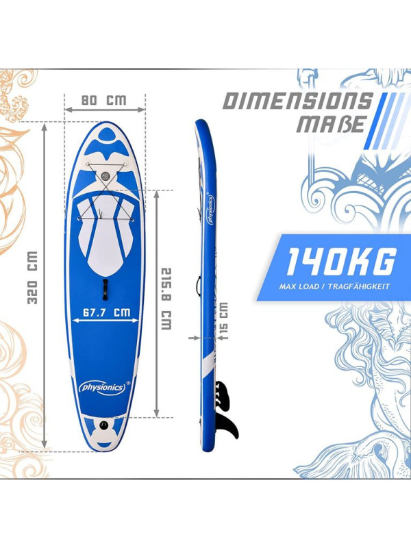 Physionics nafukovací paddleboard, 320 x 80 x 15 cm, modrý