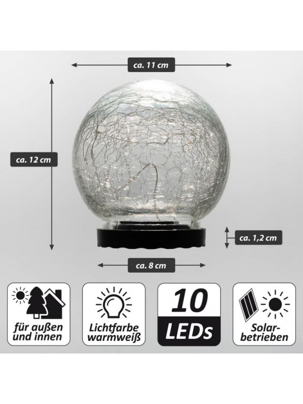 Nexos solárne svetlo so sklenenou guľou, 10 LED, teplá biela