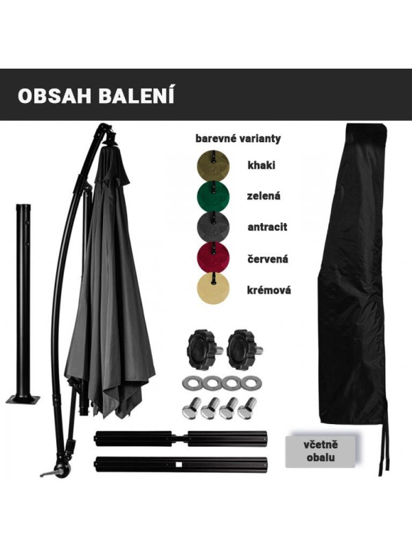 STILISTA záhradný slnečník s kľučkou 3 m, antracit + LED