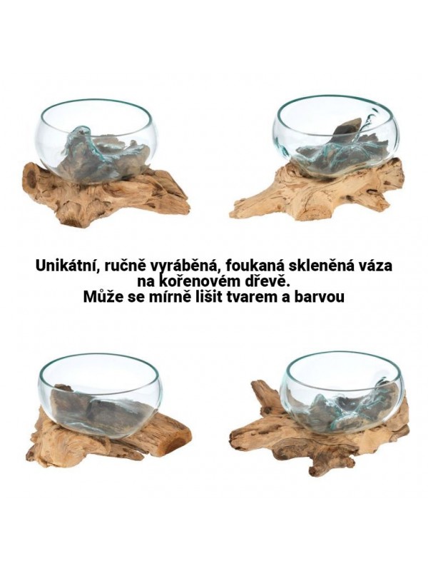 Fúkaná sklenená miska na teakovom dreve, 15 cm