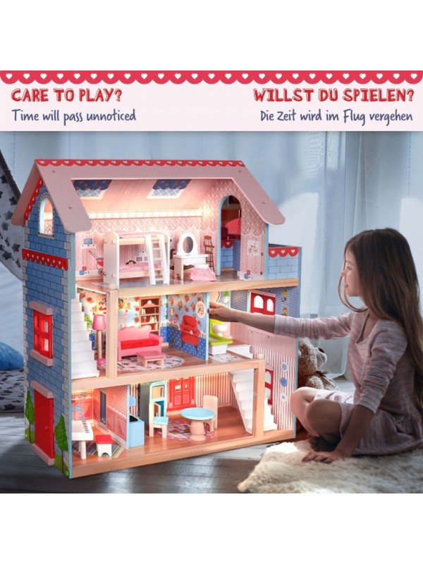 Drevený domček pre bábiky s LED svetlom, 76 x 30 x 82 cm