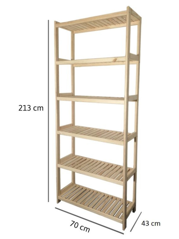 Drevený regál borovica 70x213x43 cm, 6 políc, nosnosť 25 kg