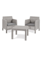 Záhradný plastový set 2+1 sivý ratanový dizajn s poduškami