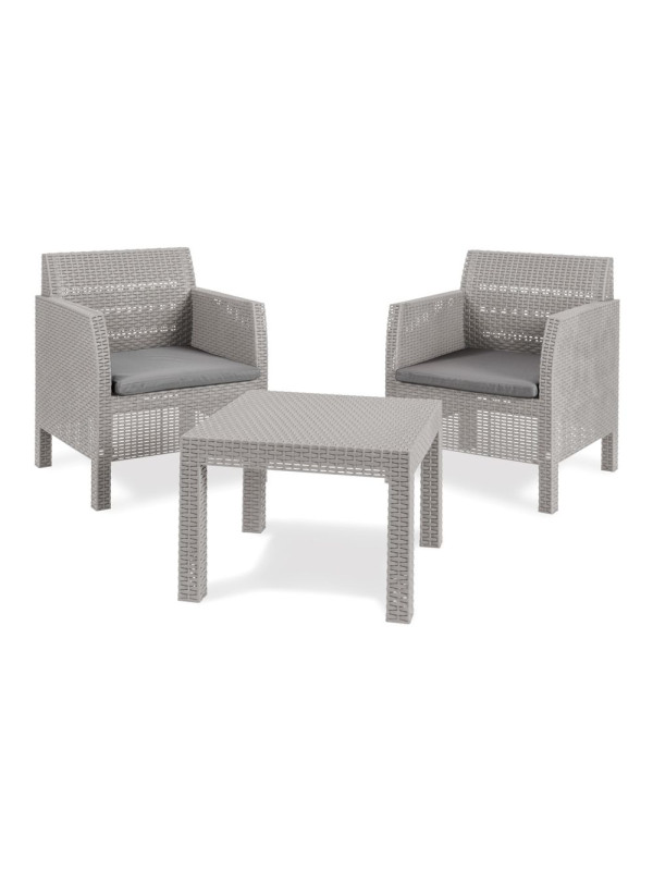 Záhradný plastový set 2+1 sivý ratanový dizajn s poduškami