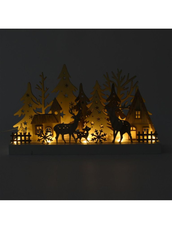 Drevená vianočná dekorácia s lesnou krajinou, 10 LED, 3D efe