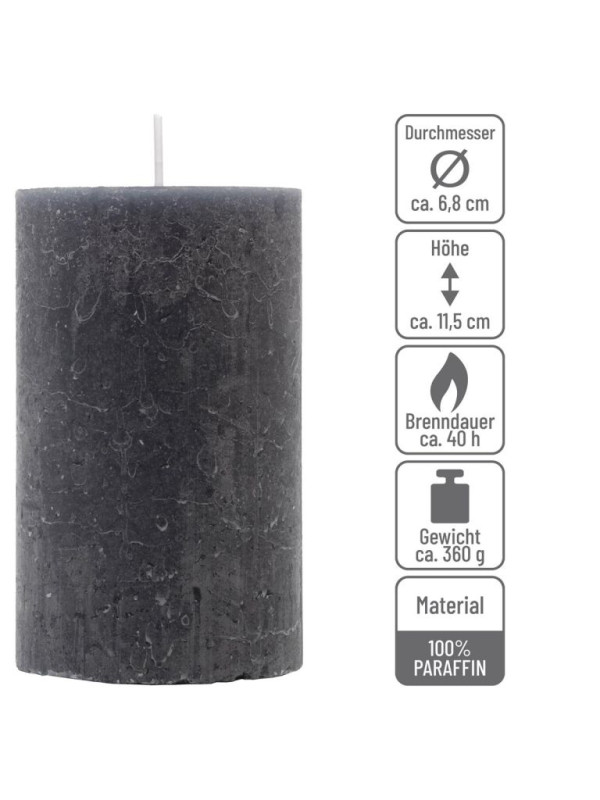 Antracitová parafínová sviečka, rustikálna, 11,5 cm, 40 hod