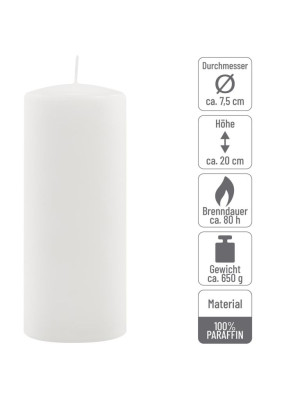 Sada stĺpových sviečok, 20 cm, Ø 7,5 cm, biela, 6 ks