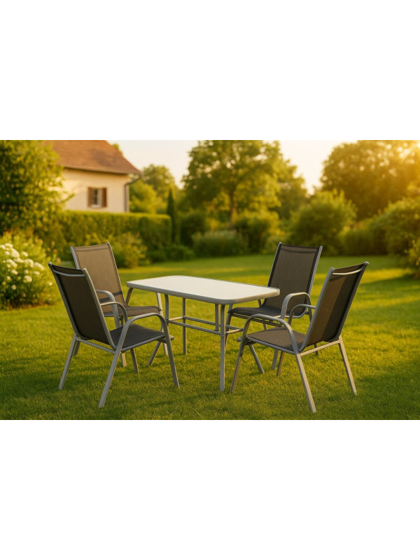 Záhradný skladací set stôl + 4 stohovateľné stoličky – čierna