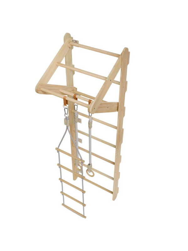 Detské drevené rebriny s hrazdou, kruhmi, povrazovým rebríko