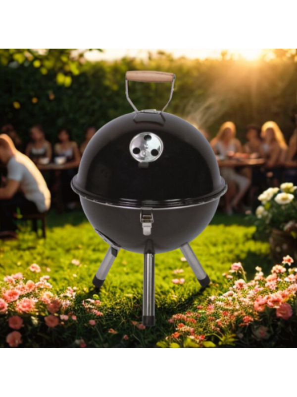 Mini gril na drevené uhlie s kanvicou, čierny okrúhly