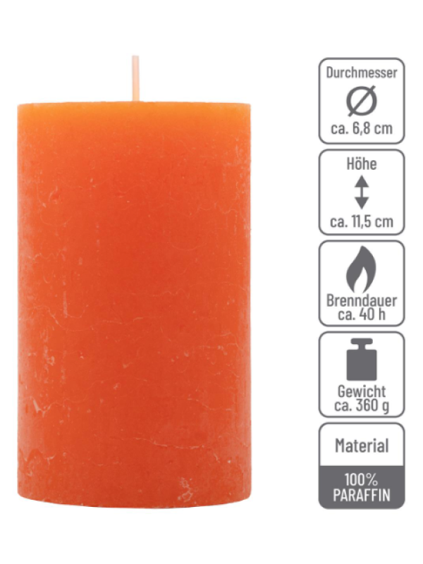Oranžové rustikálne stĺpové sviečky 6,8x11,5 cm – sada 12 ks