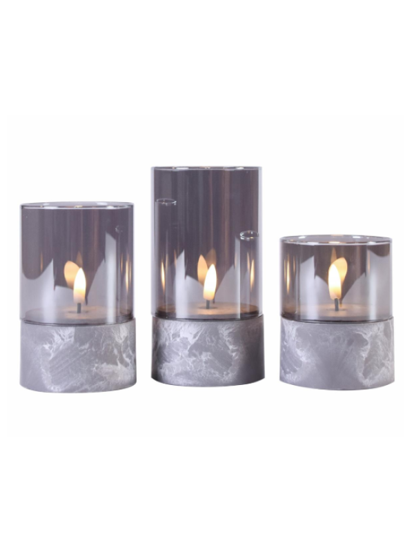 Sada 3 LED sviečok v sklenených pohároch, podstavec, časovač