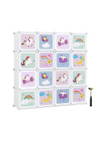 Kockový regál pre deti 16 boxov - motív jednorožce, biely