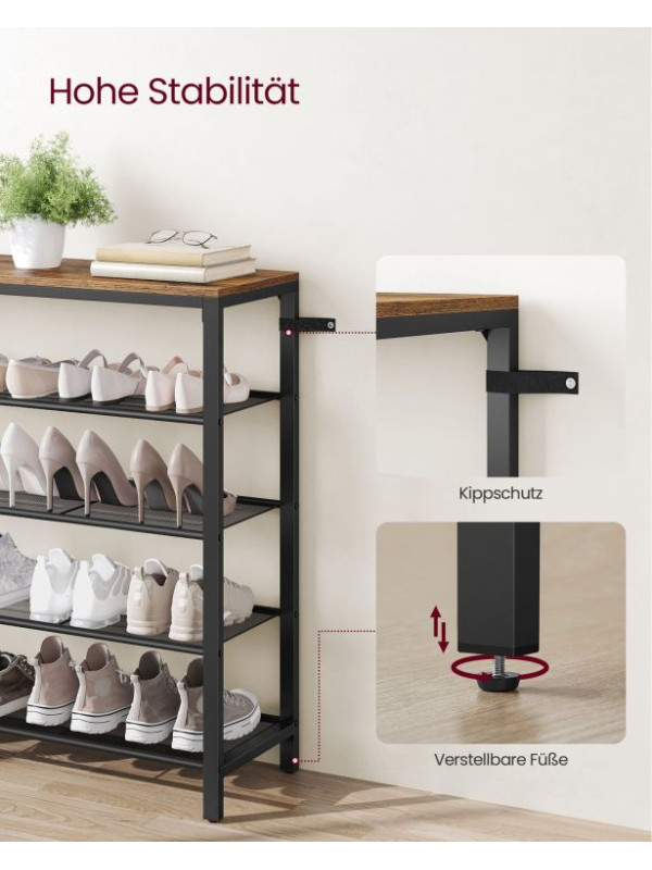 VASAGLE botník, 4 police, oceľový rám, rustikálna hnedá