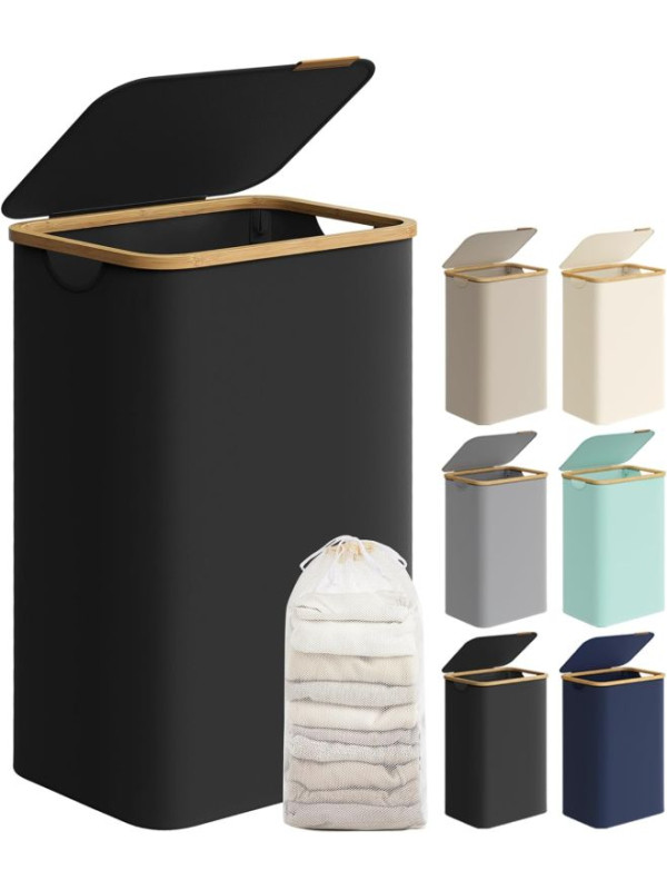 SONGMICS kôš na bielizeň s vekom 90L, čierny, skladací