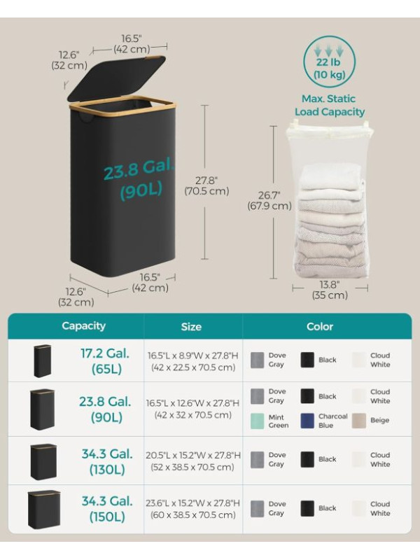 SONGMICS kôš na bielizeň s vekom 90L, čierny, skladací