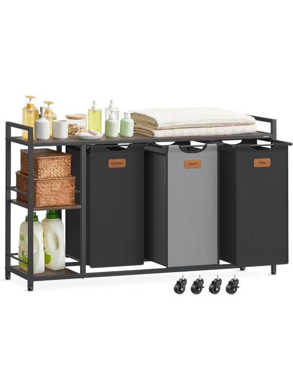 VASAGLE kôš na bielizeň 150 L, 3 priehradky, hnedo-čierny