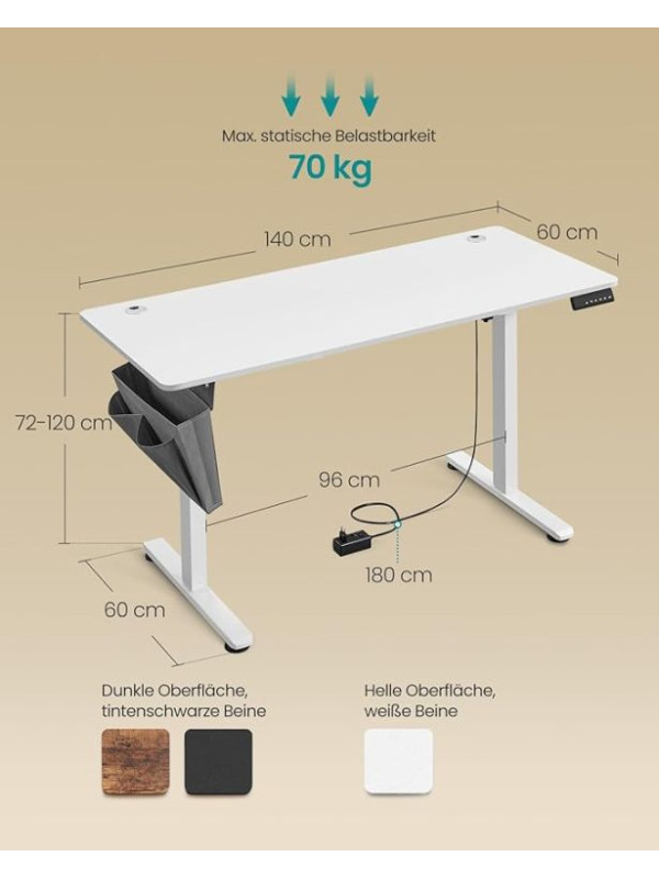 Elektricky výškovo nastaviteľný pracovný stôl 140×60 cm biel