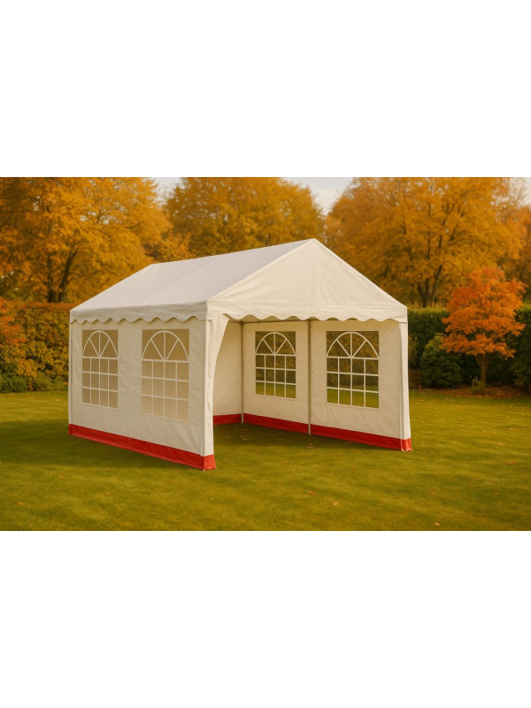 Záhradný párty stan - biely s červeným lemom 3 x 4 m