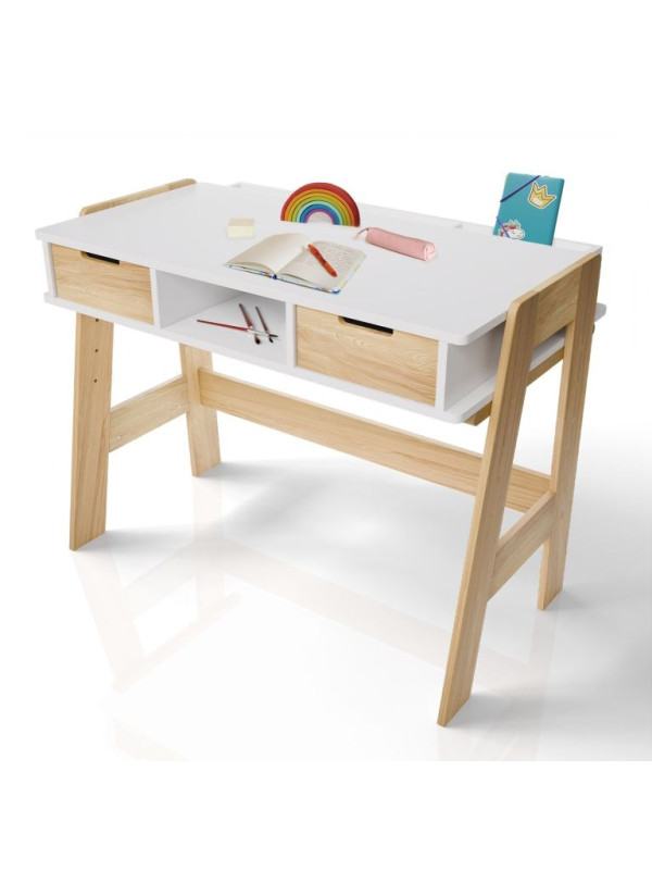 Detský písací stôl biely, výškovo nastaviteľný, úložný pries