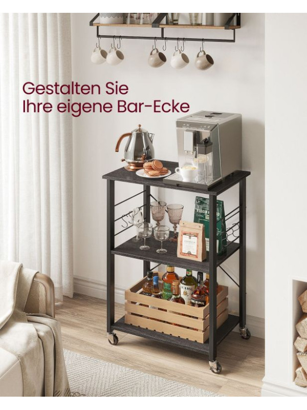 Kuchynský vozík s 3 policami a háčikmi, čierny, 60x40x84 cm