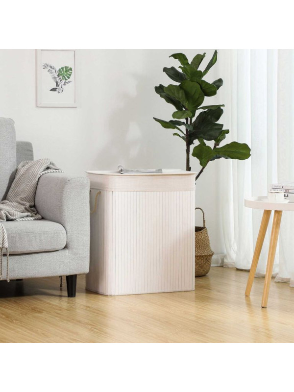 Bambusový košík na bielizeň s vekom a 2 priehradkami, biely