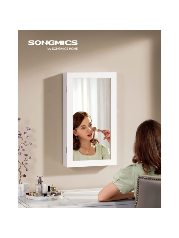 Šperkovnica na stenu so zrkadlom a zámkom, biela, 67 cm