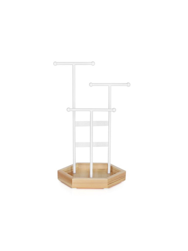 Stojanček na šperky s drevenou základňou, biely