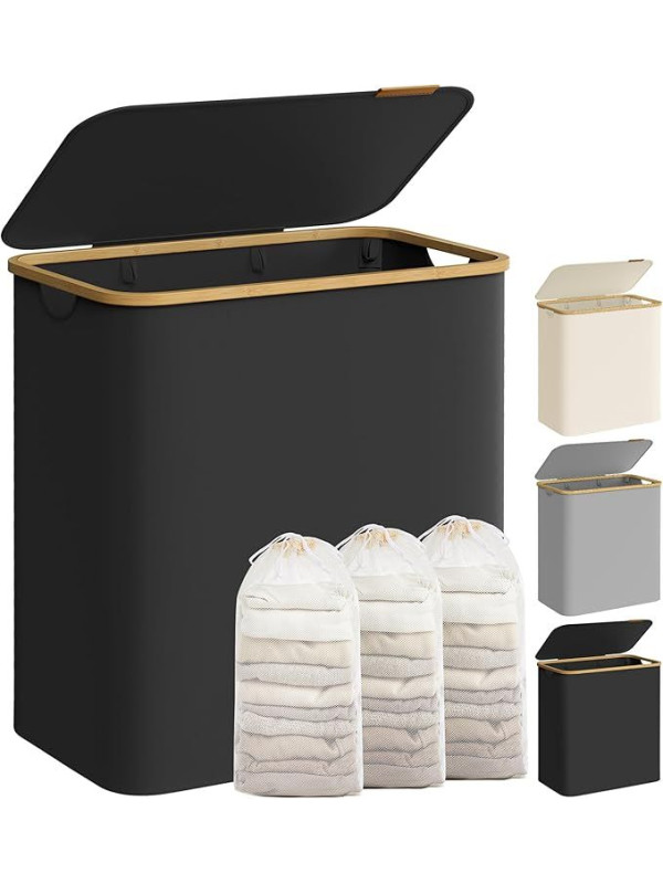 150 l košík na bielizeň s 3 priehradkami, čierny, bambus