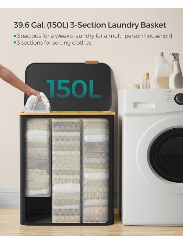150 l košík na bielizeň s 3 priehradkami, čierny, bambus