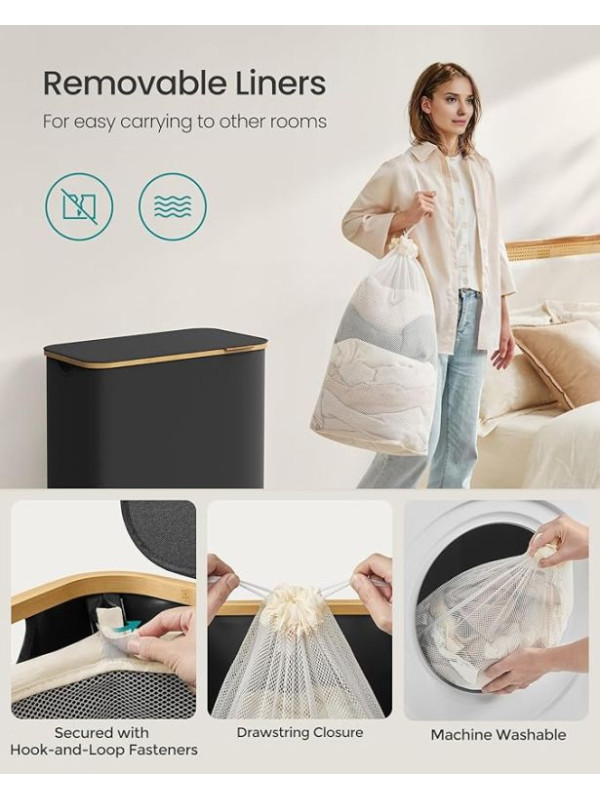 150 l košík na bielizeň s 3 priehradkami, čierny, bambus