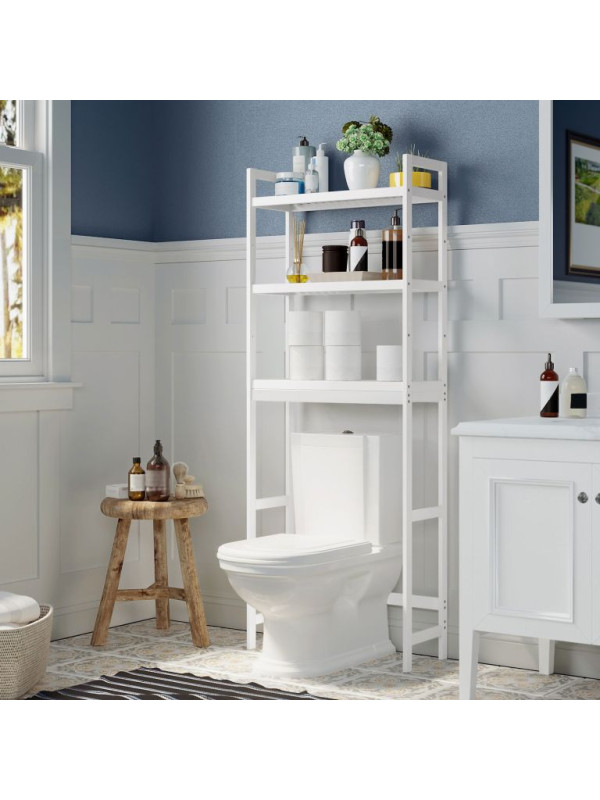 Bambusová a oceľová polica, 3 poschodia, biela, 63×26×170 cm