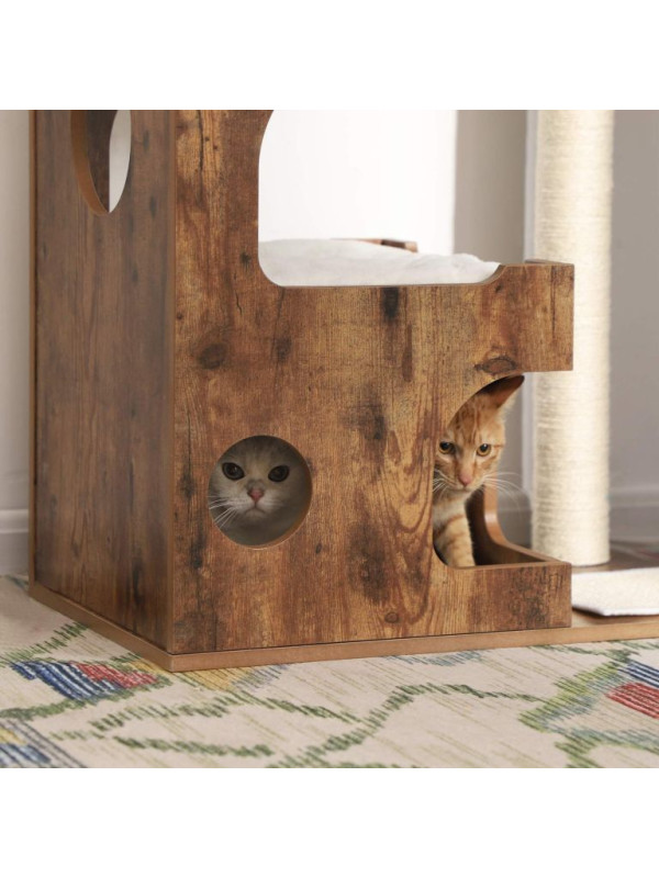 Mačací strom s domčekom a škrabadlom, rustikálny, 66×42×88