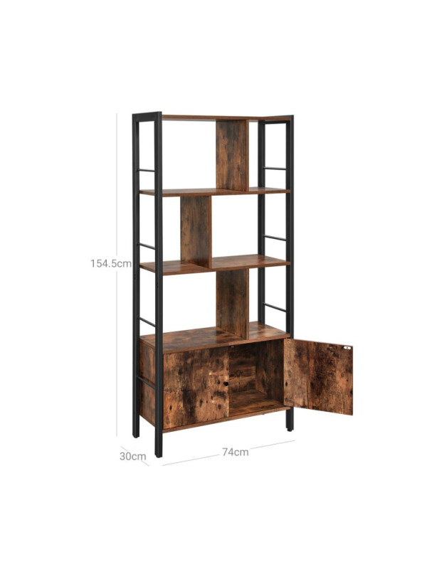 Knižnica s dvierkami, 4 police, vintage, hnedo-čierny