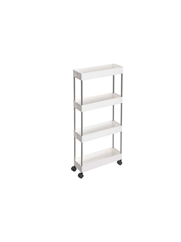 Úzky pojazdný úložný vozík 4 poschodia – biely, 40×13×86 cm