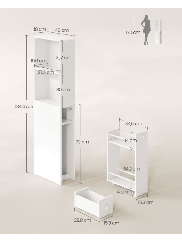 Úzka kúpeľňová skrinka so zásuvkami a nastaviteľnou policou